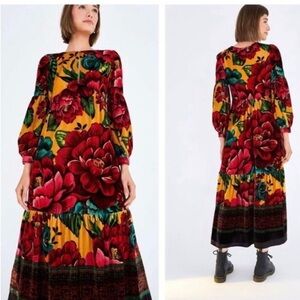 Farm Rio Winter Garden Long-sleeve Velvet Maxi Dress, size XS